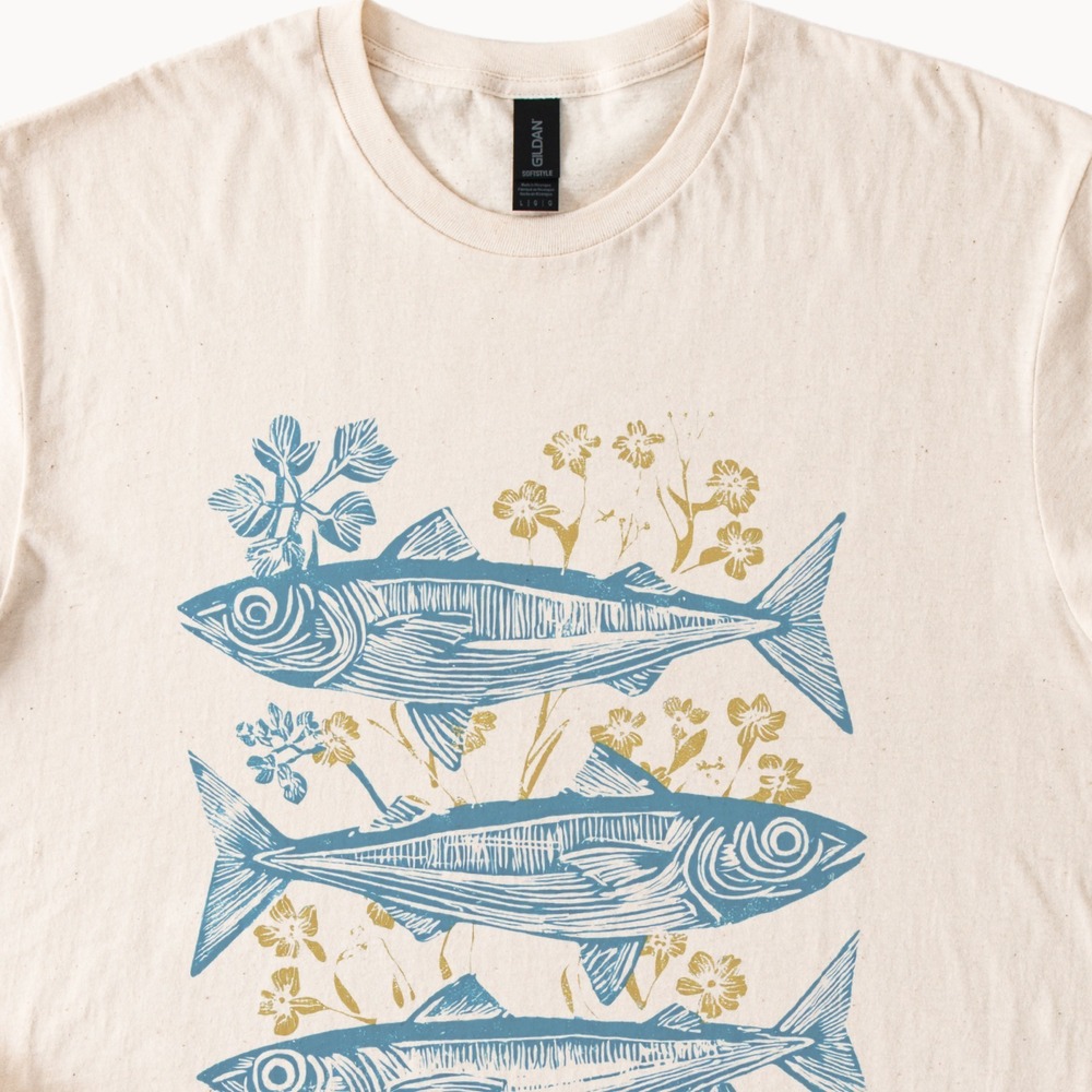 Vintage Fish and Flowers Graphic Tee Natural Botanical Line Art - Picture 2 of 6